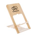 A bamboo phone stand with a minimalist design featuring the logo "Chitchat."