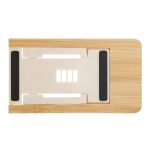 A phone stand made of bamboo, featuring a sleek design with white and black accents.
