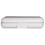 A compact, white pill organizer with a secure clasp, designed for storing medication.