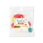 A cello bag filled with assorted jelly candies in various colors, including red, yellow, green, and blue.
