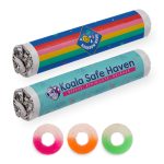 Assorted flavour fruit rings in various colours, including pink, orange, and green, with packaging featuring logos.