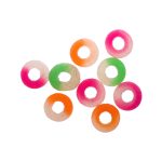 Assorted gummy fruit rings in vibrant colors including pink, green, orange, and clear, shaped like doughnuts.