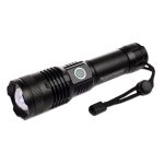 A black rechargeable torch featuring a round head, a side button, and a wrist strap for convenience.