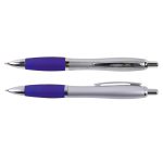 A collection of two metal pens with silver bodies and purple grips, featuring a logo on one pen.
