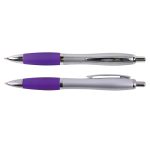 A metal pen featuring a sleek silver body with a purple grip and accents, available in two variations.