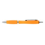 A plastic pen in bright orange color with a silver clip and tip.