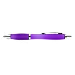 A plastic pen in a vibrant purple color with a silver clip and trimming.