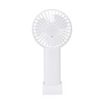 A portable white fan with a circular design, featuring a base for stability. It includes a logo on the front.