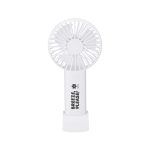 A portable white fan with a floral design and text, featuring a sleek, compact body. It has a built-in stand.