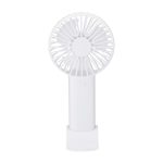 A portable white fan with a circular head and a vertical handle, resting in a stand.
