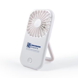 A portable white fan stands upright, featuring a small logo on the front. Ideal for outdoor leisure use.