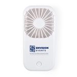 A white portable fan with a branded logo, featuring a circular grille design for airflow.