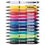 A variety of pens in multiple colours, including white, yellow, orange, pink, purple, blue, and green, with branding.