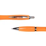 An orange metal pen with a chrome clip and tip, displayed from two angles. Features a branding logo.