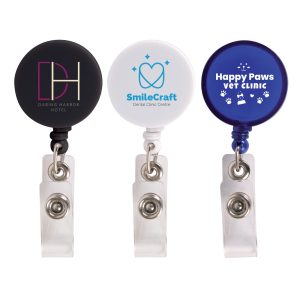 A set of three retractable name badge holders in black, white, and blue, each featuring different logos.