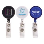 A set of three retractable name badge holders in black, white, and blue, each featuring different logos.