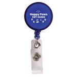 A retractable name badge holder in blue with the text "Happy Paws VET CLINIC" and paw print designs.