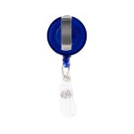A retractable name badge holder in blue with a metal clip and a clear attachment for securing badges.