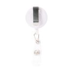 A retractable name badge holder with a clip on the back and a clear plastic strap for attaching badges.