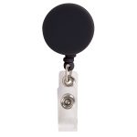 A retractable name badge holder with a black round top and a transparent strap for attaching badges.