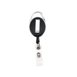 A black and silver premium retractable ID badge holder with a clear reel and a clip.