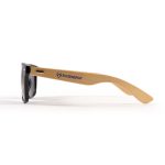 Bamboo sunglasses featuring a black lens and a bamboo frame with an engraved Ecoenergy logo on the side.