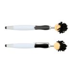 A set of two stylus pens with playful mop-top designs; one in white and the other in black. Each has a unique character head.