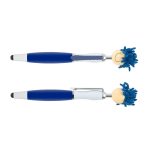 A blue and white stylus pen with a smiling character atop, featuring fuzzy blue hair and a silver clip.