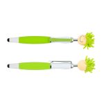 A green Mop Top pen and stylus featuring a smiley face and fuzzy hair. Includes a stylus tip and a clip.