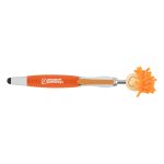 An orange pen with a stylus tip and a fluffy, yellow, pom-pom-like topper. It features a branding logo.