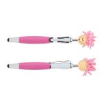 A pair of stylus pens featuring pink and white bodies, topped with playful, pink-haired characters. Each pen has a logo.