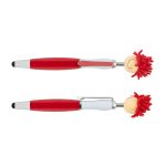 Two stylus pens with red and white features, including a playful top with red yarn hair and a smiling face.