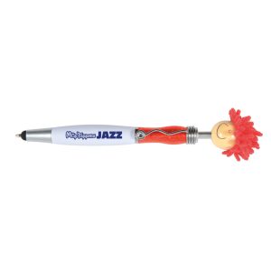 A stylus pen with a red fuzzy top and a smiling face, featuring a clip and a logo.