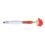 A red and white Mop Top Jazz pen/stylus featuring a fluffy top with a smiley face and a logo.