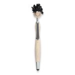 A stylus pen with a playful character on top, featuring a beige body, black hair, and a striped tie design.