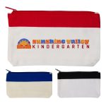 A collection of three pencil cases in red, blue, and black, featuring a logo on one case.