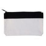 A pencil case with a white body and a black zipper at the top. The design features a solid black band across the top.