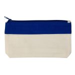 A pencil case featuring a blue top section and a cream bottom section, with a zipper closure.