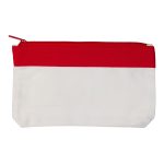 A pencil case with a red top and white bottom, featuring a zipper closure and a logo.