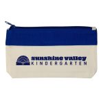 A pencil case in cream and blue, featuring a branded logo on the front and a zip closure at the top.