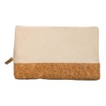 A beige utility case with a cork bottom and a zip closure, featuring a logo on one side.