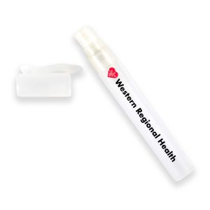 A clear liquid hand sanitiser stick with a white cap and branding on the side.