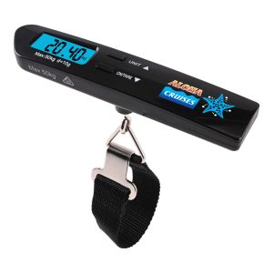 A black digital luggage scale with a display, unit button, and a strap for weighing items. It features a logo.