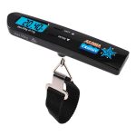 A black digital luggage scale with a display, unit button, and a strap for weighing items. It features a logo.