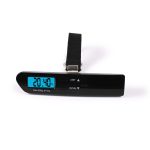 A digital luggage scale in black with a blue display and a strap, showing a weight of 20.40 kg.