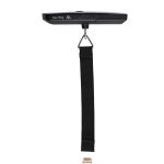 A digital luggage scale in black with a hook and adjustable strap for measuring weight. It features a logo.