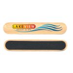 A bamboo nail file with a black sanding surface and a logo featuring blue waves and text.