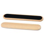 A bamboo nail file featuring a smooth wooden side and a textured filing surface.