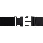 A luggage strap featuring a durable black fabric and a sturdy plastic buckle for secure fastening.