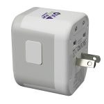 A travel adaptor in white with a square design and a branded logo on one side.